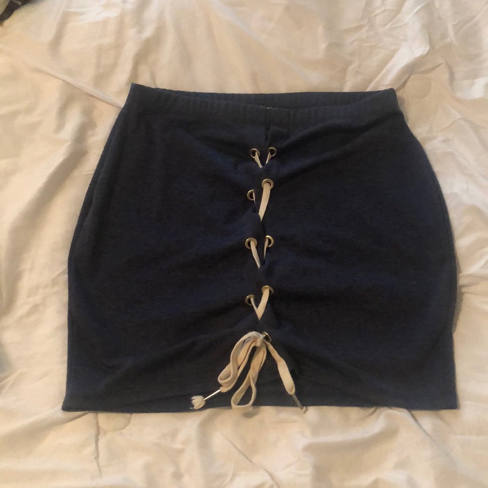 Navy lace up front mini skirt